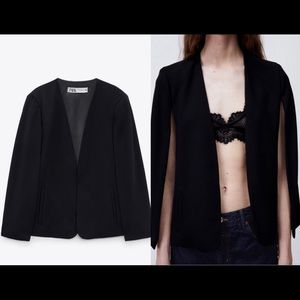Zara Cape Blazer Jacket Womens Black Open Front Collarless